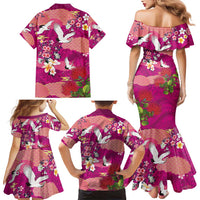 Hawaiian and Japanese Culture Together Family Matching Mermaid Dress and Hawaiian Shirt Pink Ohia Lehua Plumeria and Sakura Blooming - Polynesian Pride