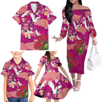 Hawaiian and Japanese Culture Together Family Matching Off The Shoulder Long Sleeve Dress and Hawaiian Shirt Pink Ohia Lehua Plumeria and Sakura Blooming - Polynesian Pride