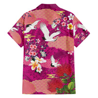 Hawaiian and Japanese Culture Together Family Matching Off The Shoulder Long Sleeve Dress and Hawaiian Shirt Pink Ohia Lehua Plumeria and Sakura Blooming LT03 - Polynesian Pride