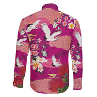 Hawaiian and Japanese Culture Together Family Matching Off The Shoulder Long Sleeve Dress and Hawaiian Shirt Pink Ohia Lehua Plumeria and Sakura Blooming LT03 - Polynesian Pride