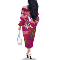 Hawaiian and Japanese Culture Together Family Matching Off The Shoulder Long Sleeve Dress and Hawaiian Shirt Pink Ohia Lehua Plumeria and Sakura Blooming LT03 - Polynesian Pride