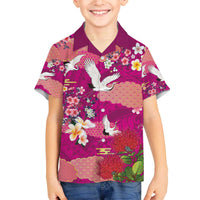 Hawaiian and Japanese Culture Together Family Matching Off The Shoulder Long Sleeve Dress and Hawaiian Shirt Pink Ohia Lehua Plumeria and Sakura Blooming LT03 Son's Shirt Pink - Polynesian Pride
