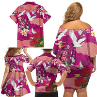 Hawaiian and Japanese Culture Together Family Matching Off Shoulder Short Dress and Hawaiian Shirt Pink Ohia Lehua Plumeria and Sakura Blooming LT03 - Polynesian Pride