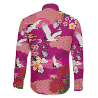 Hawaiian and Japanese Culture Together Family Matching Off Shoulder Short Dress and Hawaiian Shirt Pink Ohia Lehua Plumeria and Sakura Blooming - Polynesian Pride