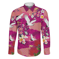 Hawaiian and Japanese Culture Together Family Matching Puletasi and Hawaiian Shirt Pink Ohia Lehua Plumeria and Sakura Blooming LT03 Dad's Shirt - Long Sleeve Pink - Polynesian Pride