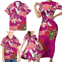 Hawaiian and Japanese Culture Together Family Matching Short Sleeve Bodycon Dress and Hawaiian Shirt Pink Ohia Lehua Plumeria and Sakura Blooming LT03 - Polynesian Pride