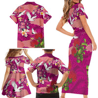 Hawaiian and Japanese Culture Together Family Matching Short Sleeve Bodycon Dress and Hawaiian Shirt Pink Ohia Lehua Plumeria and Sakura Blooming LT03 - Polynesian Pride