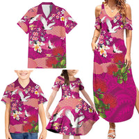 Hawaiian and Japanese Culture Together Family Matching Summer Maxi Dress and Hawaiian Shirt Pink Ohia Lehua Plumeria and Sakura Blooming - Polynesian Pride