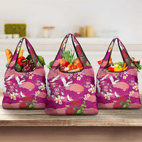 Hawaiian and Japanese Culture Together Grocery Bag Pink Ohia Lehua Plumeria and Sakura Blooming - Polynesian Pride