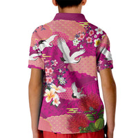 Hawaiian and Japanese Culture Together Kid Polo Shirt Pink Ohia Lehua Plumeria and Sakura Blooming LT03 - Polynesian Pride