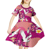 Hawaiian and Japanese Culture Together Kid Short Sleeve Dress Pink Ohia Lehua Plumeria and Sakura Blooming - Polynesian Pride