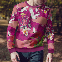 Hawaiian and Japanese Culture Together Ugly Christmas Sweater Pink Ohia Lehua Plumeria and Sakura Blooming - Polynesian Pride