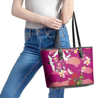 Hawaiian and Japanese Culture Together Leather Tote Bag Pink Ohia Lehua Plumeria and Sakura Blooming - Polynesian Pride