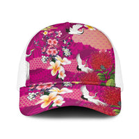 Hawaiian and Japanese Culture Together Mesh Trucker Cap Pink Ohia Lehua Plumeria and Sakura Blooming LT03 One Size White Pink - Polynesian Pride