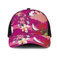 Hawaiian and Japanese Culture Together Mesh Trucker Cap Pink Ohia Lehua Plumeria and Sakura Blooming LT03 One Size Black Pink - Polynesian Pride