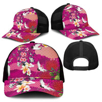 Hawaiian and Japanese Culture Together Mesh Trucker Cap Pink Ohia Lehua Plumeria and Sakura Blooming LT03 - Polynesian Pride