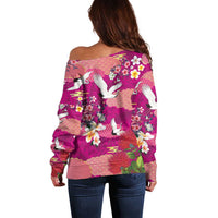 Hawaiian and Japanese Culture Together Off Shoulder Sweater Pink Ohia Lehua Plumeria and Sakura Blooming - Polynesian Pride