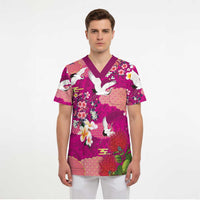 Hawaiian and Japanese Culture Together Scrub Top Pink Ohia Lehua Plumeria and Sakura Blooming - Polynesian Pride
