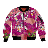 Hawaiian and Japanese Culture Together Sleeve Zip Bomber Jacket Pink Ohia Lehua Plumeria and Sakura Blooming - Polynesian Pride