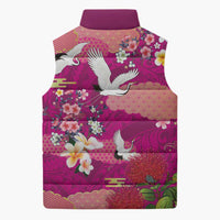Hawaiian and Japanese Culture Together Sleeveless Puffer Jacket Pink Ohia Lehua Plumeria and Sakura Blooming - Polynesian Pride