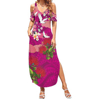 Hawaiian and Japanese Culture Together Summer Maxi Dress Pink Ohia Lehua Plumeria and Sakura Blooming - Polynesian Pride