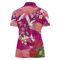 Hawaiian and Japanese Culture Together Women Polo Shirt Pink Ohia Lehua Plumeria and Sakura Blooming LT03 - Polynesian Pride