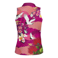 Hawaiian and Japanese Culture Together Women Sleeveless Polo Shirt Pink Ohia Lehua Plumeria and Sakura Blooming - Polynesian Pride