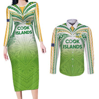 Custom Cook Islands Rugby League Couples Matching Long Sleeve Bodycon Dress and Long Sleeve Button Shirt Tatau Tribal Motifs-Light Green Color - Polynesian Pride