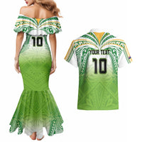 Custom Cook Islands Rugby League Couples Matching Mermaid Dress and Hawaiian Shirt Tatau Tribal Motifs-Light Green Color - Polynesian Pride