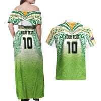 Custom Cook Islands Rugby League Couples Matching Off Shoulder Maxi Dress and Hawaiian Shirt Tatau Tribal Motifs-Light Green Color LT03 - Polynesian Pride