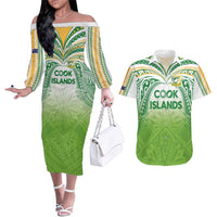 Custom Cook Islands Rugby League Couples Matching Off The Shoulder Long Sleeve Dress and Hawaiian Shirt Tatau Tribal Motifs-Light Green Color LT03 Green - Polynesian Pride