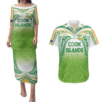 Custom Cook Islands Rugby League Couples Matching Puletasi and Hawaiian Shirt Tatau Tribal Motifs-Light Green Color - Polynesian Pride