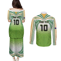 Custom Cook Islands Rugby League Couples Matching Puletasi and Long Sleeve Button Shirt Tatau Tribal Motifs-Light Green Color LT03 - Polynesian Pride