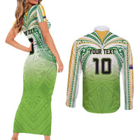 Custom Cook Islands Rugby League Couples Matching Short Sleeve Bodycon Dress and Long Sleeve Button Shirt Tatau Tribal Motifs-Light Green Color LT03 - Polynesian Pride