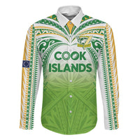 Custom Cook Islands Rugby League Family Matching Off The Shoulder Long Sleeve Dress and Hawaiian Shirt Tatau Tribal Motifs-Light Green Color LT03 Dad's Shirt - Long Sleeve Green - Polynesian Pride