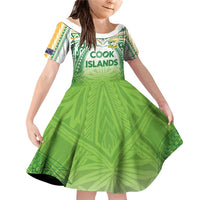 Custom Cook Islands Rugby League Family Matching Off Shoulder Short Dress and Hawaiian Shirt Tatau Tribal Motifs-Light Green Color LT03 Daughter's Dress Green - Polynesian Pride