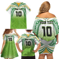 Custom Cook Islands Rugby League Family Matching Off Shoulder Short Dress and Hawaiian Shirt Tatau Tribal Motifs-Light Green Color - Polynesian Pride