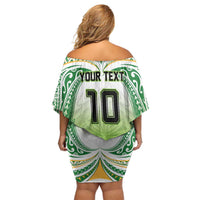 Custom Cook Islands Rugby League Family Matching Off Shoulder Short Dress and Hawaiian Shirt Tatau Tribal Motifs-Light Green Color - Polynesian Pride