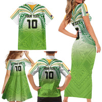 Custom Cook Islands Rugby League Family Matching Short Sleeve Bodycon Dress and Hawaiian Shirt Tatau Tribal Motifs-Light Green Color LT03 - Polynesian Pride