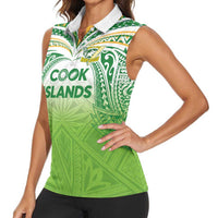 Custom Cook Islands Rugby League Women Sleeveless Polo Shirt Tatau Tribal Motifs-Light Green Color - Polynesian Pride