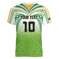 Custom Cook Islands Rugby League Women V-Neck T-Shirt Tatau Tribal Motifs-Light Green Color - Polynesian Pride