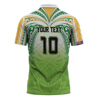 Custom Cook Islands Rugby League Zipper Polo Shirt Tatau Tribal Motifs-Light Green Color LT03 - Polynesian Pride
