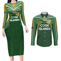 Custom Cook Islands Rugby League Couples Matching Long Sleeve Bodycon Dress and Long Sleeve Button Shirt Tatau Tribal Motifs-Dark Green Color - Polynesian Pride
