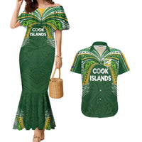 Custom Cook Islands Rugby League Couples Matching Mermaid Dress and Hawaiian Shirt Tatau Tribal Motifs-Dark Green Color - Polynesian Pride