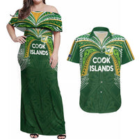 Custom Cook Islands Rugby League Couples Matching Off Shoulder Maxi Dress and Hawaiian Shirt Tatau Tribal Motifs-Dark Green Color LT03 Green - Polynesian Pride