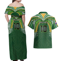 Custom Cook Islands Rugby League Couples Matching Off Shoulder Maxi Dress and Hawaiian Shirt Tatau Tribal Motifs-Dark Green Color LT03 - Polynesian Pride