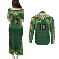 Custom Cook Islands Rugby League Couples Matching Puletasi and Long Sleeve Button Shirt Tatau Tribal Motifs-Dark Green Color LT03 - Polynesian Pride