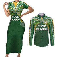 Custom Cook Islands Rugby League Couples Matching Short Sleeve Bodycon Dress and Long Sleeve Button Shirt Tatau Tribal Motifs-Dark Green Color LT03 Green - Polynesian Pride