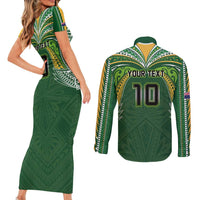 Custom Cook Islands Rugby League Couples Matching Short Sleeve Bodycon Dress and Long Sleeve Button Shirt Tatau Tribal Motifs-Dark Green Color LT03 - Polynesian Pride