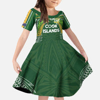 Custom Cook Islands Rugby League Family Matching Off The Shoulder Long Sleeve Dress and Hawaiian Shirt Tatau Tribal Motifs-Dark Green Color LT03 Daughter's Dress Green - Polynesian Pride